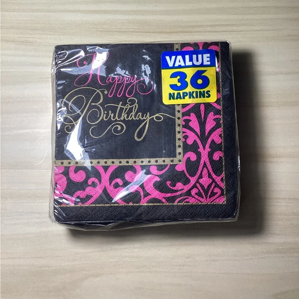 Black and Pink Happy Birthday Plates, Napkins, and Cups Set